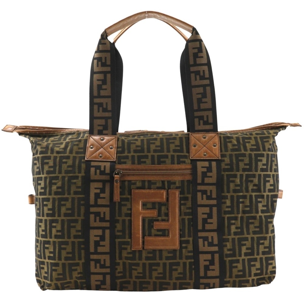 Fendi Zucca Boston Bag 7V5071 Nylon Canvas Brown A4 Double Zipper Unisex